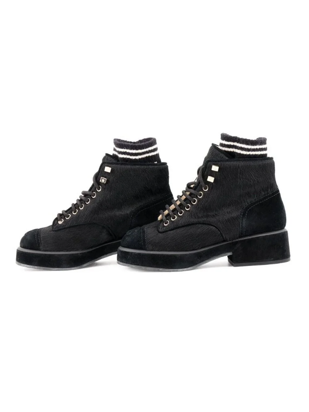 Chanel Short Boots CC Logo Calf Hair Suede 35c Shoes Black